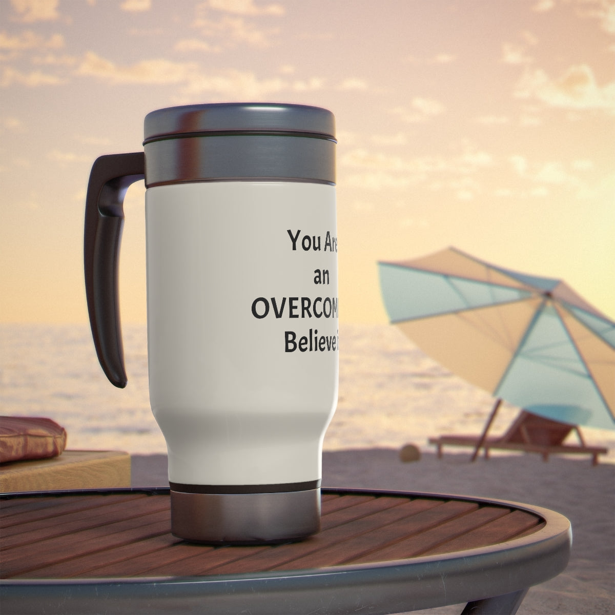 You Are an Overcomer! Stainless Steel Travel Mug with Handle, 14oz