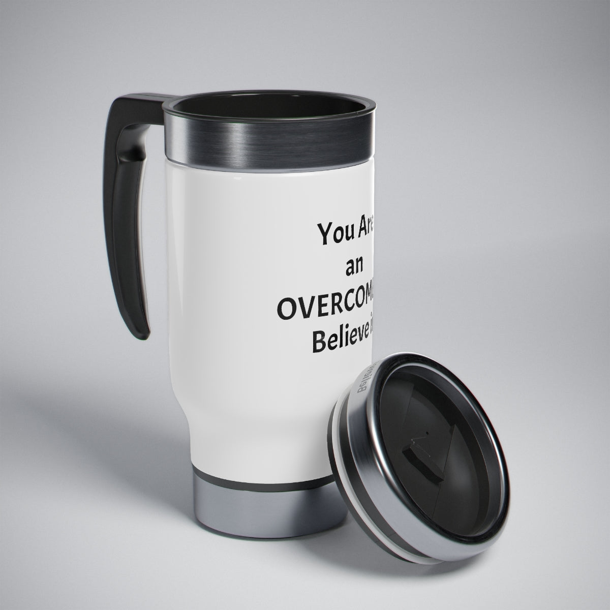 You Are an Overcomer! Stainless Steel Travel Mug with Handle, 14oz